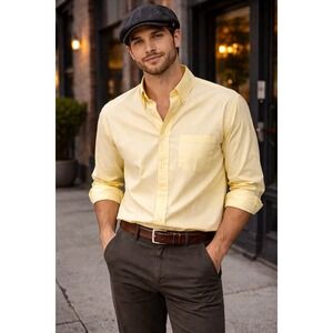 Vintage J'VAL Men Long Sleeve Button Down Shirt Yellow Solid Pocket Preppy L